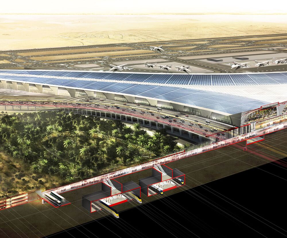 Rozměry lze jen tušit: pod krajinným uspořádáním podobným oáze se skrývají silniční a železniční přivaděče.