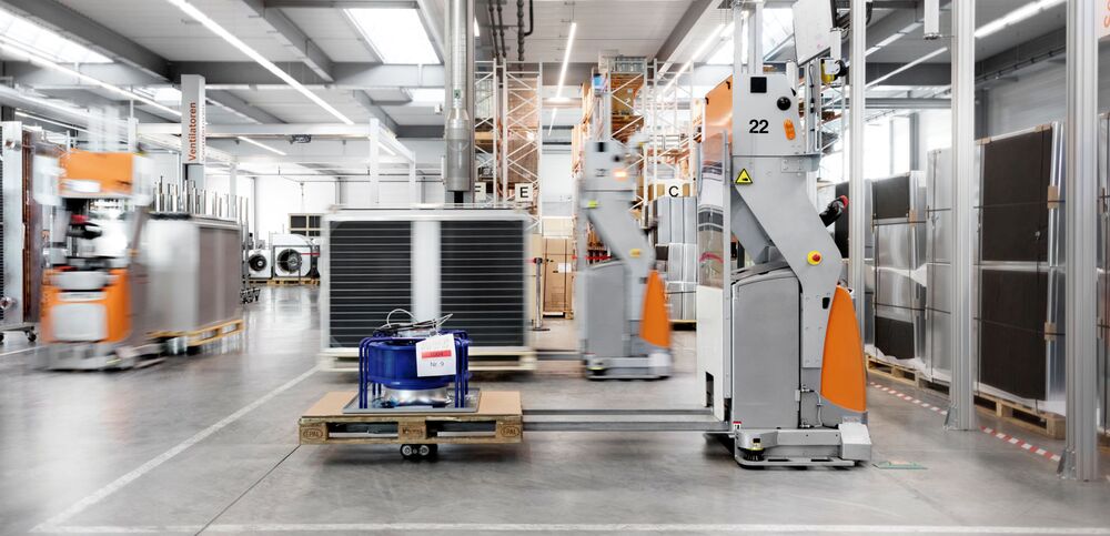 Driverless transport systems are used to supply the components required to the assembly lines.