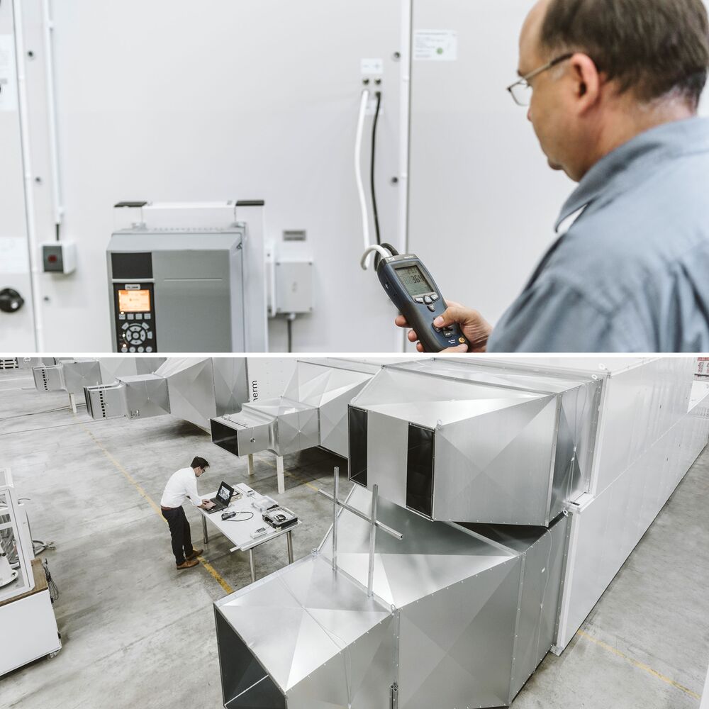 Kontrola veškerých parametrů před schválením dodávky do Kuvajtu. Sestaveno pro FAT ve společnosti robatherm: veškeré VZT jednotky stojí již mezitím v Kuvajtu.